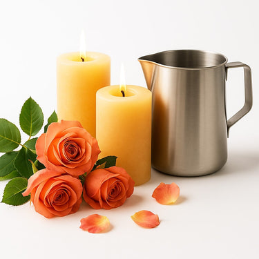 Two lit pillar candles with fresh orange roses and a stainless-steel wax-melting pitcher arranged on a clean white background