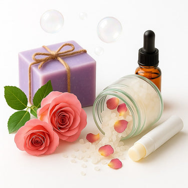 Bath and body flat lay featuring lavender soap, roses, amber dropper bottle, bath salts with rose petals, and white lip balm.
