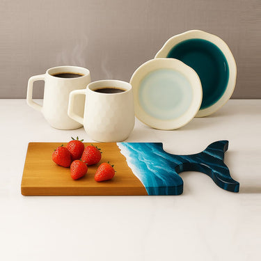 ceramic coffee mugs, with ocean-glazed plates and a wooden whale-tail cutting board strawberries with neutral background.