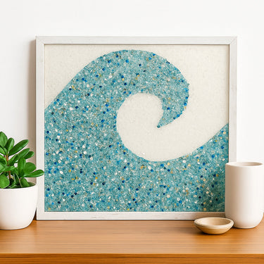 glass wave wall art on white wall leaning on table