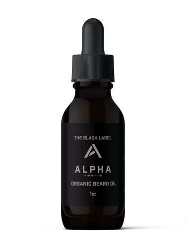 Black bottle of Alpha Organic Beard Oil with dropper on a white background