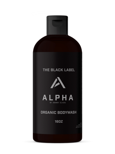 Black bottle of Men's Body Wash with 'The Black Label' branding on a white background