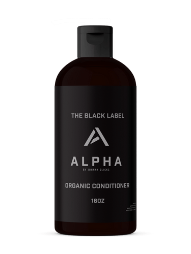 Black bottle of Alpha Organic Conditioner on a white background
