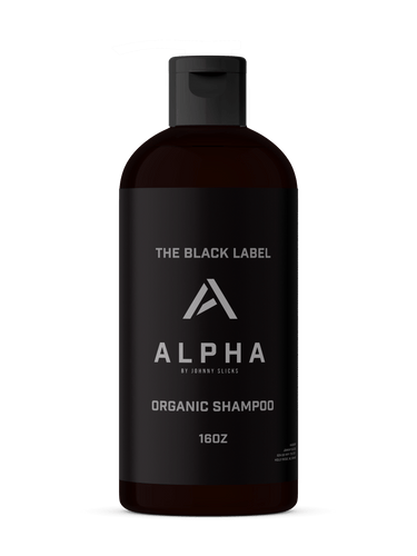 Black Alpha 100% Organic Men's Shampoo bottle labeled 'Alpha' on a white background