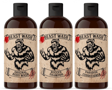 Three bottles of Beast Wash with labels showing different products on a black background