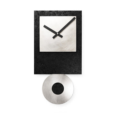 Black Tie pendulum wall clock by Leonie Lacouette, black wood with stainless face and swinging metal pendulum