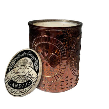 Blanc de Noirs Soy Candle in Copper Mercury Glass Jar with decorative design and a candle inside, featuring a label on a white background.
