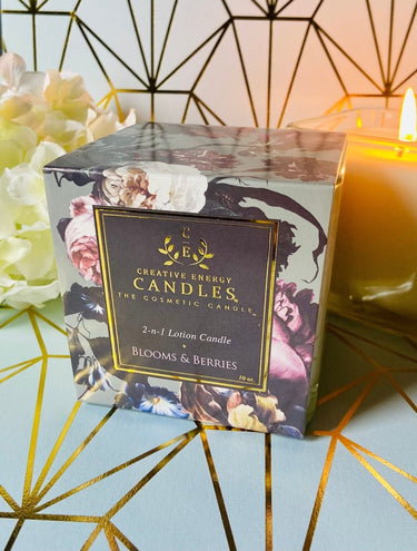 Boxed Blooms and Berries Soy Lotion Candle with a decorative background