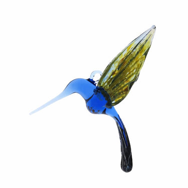 Blown Glass Hummingbird figurine with blue body and yellow wings on a white background