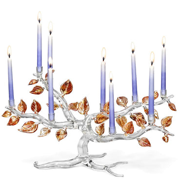 Tree of Life Menorah, Fall Color Leaves with leaf-like design and lit candles on a white background