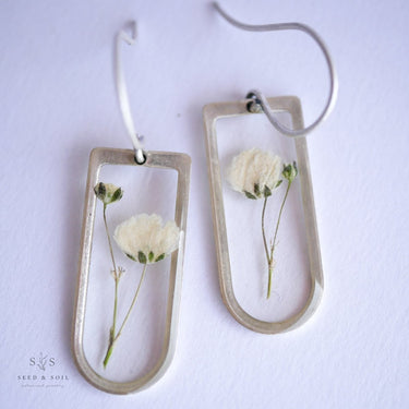 Silver earrings with pressed flowers on a white background