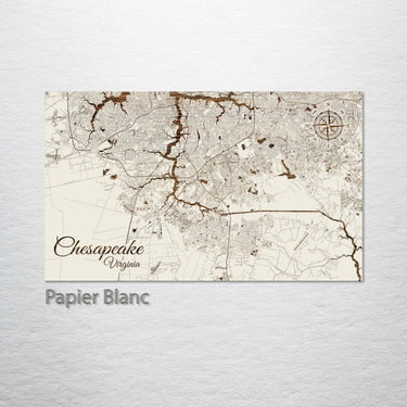Map of Chesapeake, Virginia on a textured surface with 'Papier Blanc' branding.