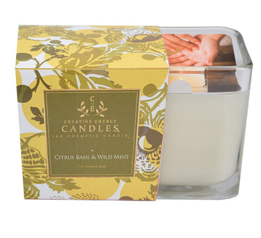 Creative Energy Candles Citrus Basil & Wild Mint candle with decorative packaging on a white background