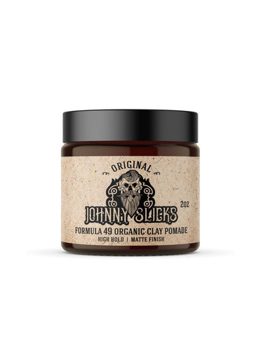 Jar of Johnny Slicks Formula 49 Organic Clay Pomade on a white background