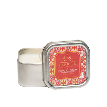 Hannah Lily, Rose & Grapefruit Soy Lotion Candle in a decorative tin with a floral label on a white background