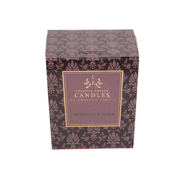 Decorative box for Creative Energy Hockey French Fig and Amber Soy Lotion Candle with floral pattern and product details.