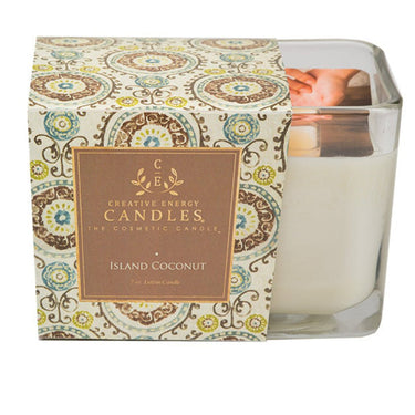 Island Coconut Soy Lotion Candle in a decorative box with 'Creative Energy Candles' branding