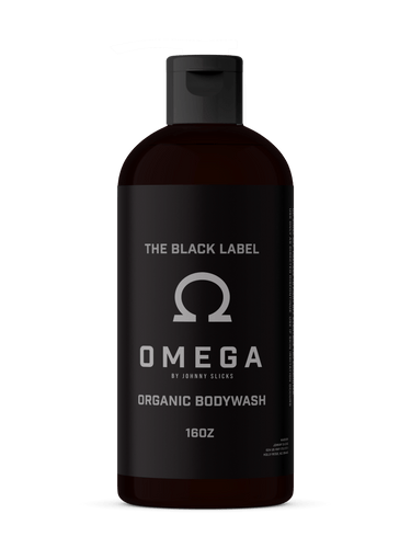 Omega Organic Bodywash bottle with black label on a white background