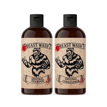 Two bottles of Beast Wash Original Shampoo and Conditioner on a white background