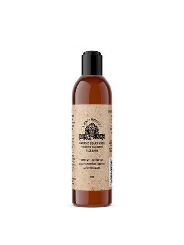 Bottle of face wash with a brown label on a white background