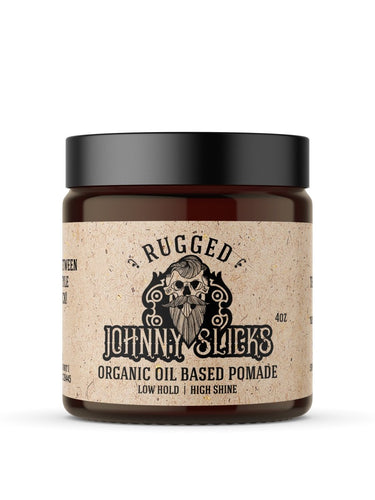 Jar of Johnny & Lick's Organic Oil Based Pomade with a black lid on a white background