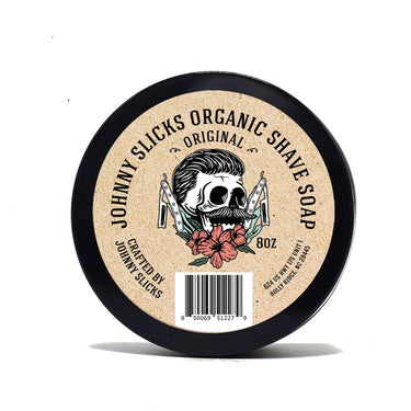 Johnny Slicks Organic Shave Soap container with label on a white background