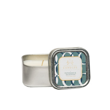 Peppermint & Eucalyptus Soy Lotion Candle in a tin with a decorative lid on a white background