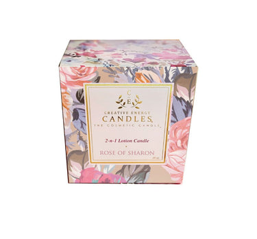 Floral-patterned box of Creative Elements Candles' Rose of Sharon lotion candle on a white background