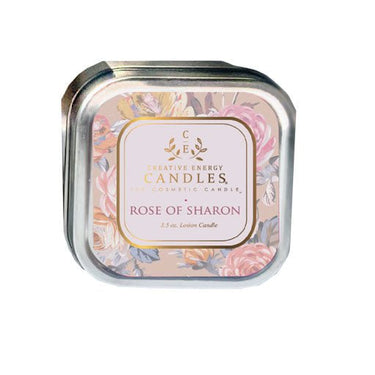 Rose of Sharon Soy Lotion Candle in a tin labeled 'Rose of Sharon' by Creative Energy Candles on a white background