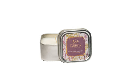 Rosemary and Lavender Soy Lotion Candle in a tin with a decorative label on a white background
