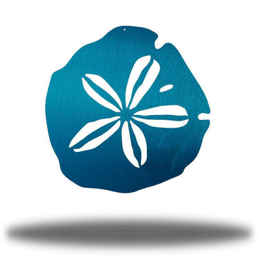 Blue Sand Dollar Metal Wall Art with white floral design on a white background