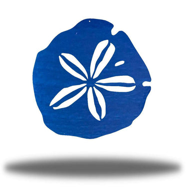 Blue Sand Dollar Metal Wall Art with white floral design on a white background