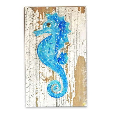 Seahorse Sea Glass Wall Art Painting Distressed Wood Wall Art Salty Signs Designs Blue Gray Plank Mini (6 x 12)