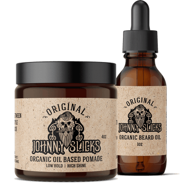 Jar and bottle of Johnny Slicks organic products on a white background