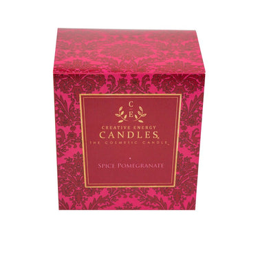 Spiced Pomegranate Soy Lotion Candle in a red decorative box with 'Creative Energy Candles' branding on a white background