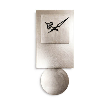 Close-up of Steel Tie clock dial, textured metal square face with black ornate hands on white background.