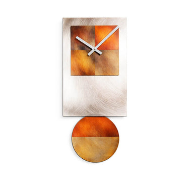 Steel Tie pendulum wall clock by Leonie Lacouette, stainless frame, copper metal face, swinging round pendulum.
