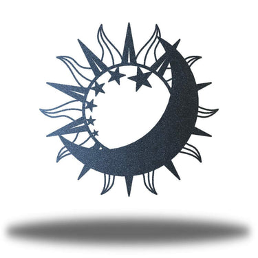 Decorative metal wall art with sun, moon, and stars design on a white background