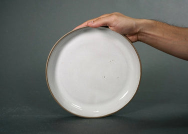 Hand holding a ceramic plate against a gray background