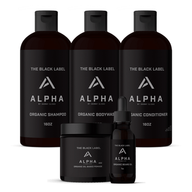Alpha by Johnny Slicke skincare and grooming products on a black background