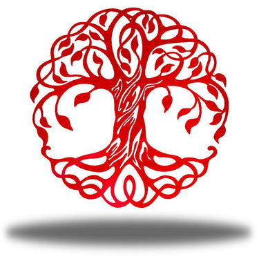 Red and white tree of life design on a white background