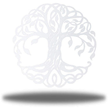 Decorative white metal tree wall art with intricate patterns on a white background