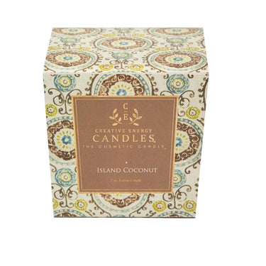 Box of Creative Energy Candles with decorative pattern and 'Island Coconut' flavor on a white background