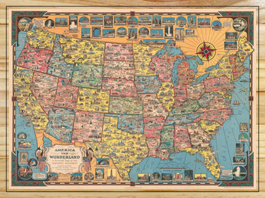 Colorful vintage-style map of the United States on a wooden background