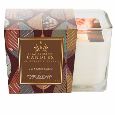 Creative Energy Warm Tobacco & Coriander 2-in-1 Lotion Candle packaging with a lit candle inside