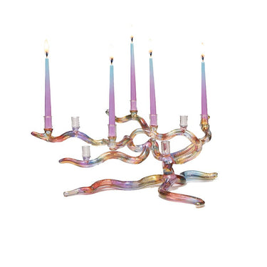 Multicolored Blown Glass Windswept Tree of Life Menorah with candles on a white background