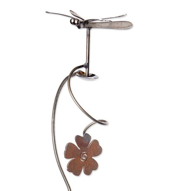 Upcycled Dragonfly Silverware Garden Kinetic Art with a flower attachment on a white background