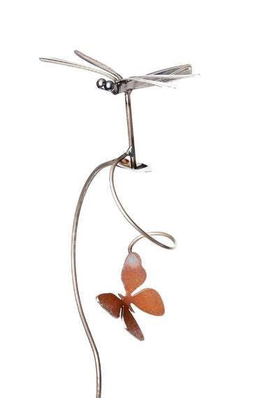 dragonfly silverware garden art with a butterfly made out of recycled silverware on a white background
