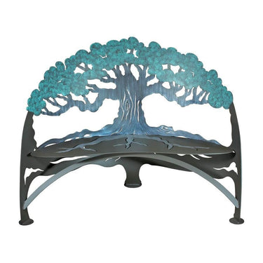Cricket Forge Tree Bench, verdigris green leaf canopy and tree silhouette backrest, on white background.