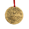 Bronze ornament with detailed scenes of people and animals on a white background